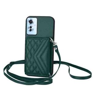 For OPPO Reno11 F Thai Version Rhombic Texture Card Bag RFID Phone Case with Long Lanyard(Green)