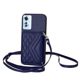 For OPPO Reno11 F Thai Version Rhombic Texture Card Bag RFID Phone Case with Long Lanyard(Blue)