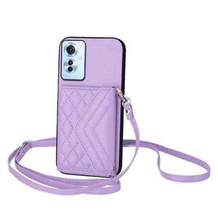 For OPPO Reno11 F Thai Version Rhombic Texture Card Bag RFID Phone Case with Long Lanyard(Purple)