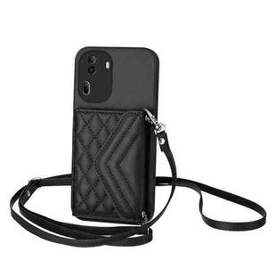 For OPPO Reno11 Global Rhombic Texture Card Bag RFID Phone Case with Long Lanyard(Black)