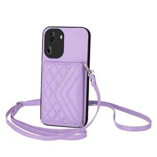 For OPPO Reno11 Pro Global Rhombic Texture Card Bag RFID Phone Case with Long Lanyard(Purple)