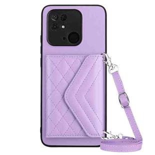 For Xiaomi Redmi 10C Rhombic Texture Card Bag RFID Phone Case with Long Lanyard(Light Purple)