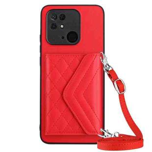 For Xiaomi Redmi 10C Rhombic Texture Card Bag RFID Phone Case with Long Lanyard(Red)