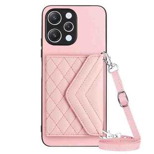 For Xiaomi Redmi 12 4G Rhombic Texture Card Bag RFID Phone Case with Long Lanyard(Rose Gold)