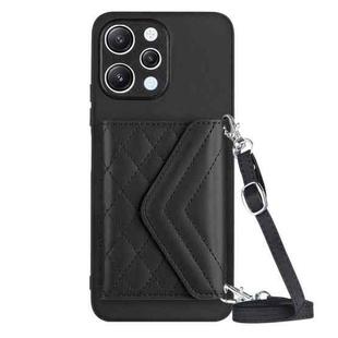 For Xiaomi Redmi 12 4G Rhombic Texture Card Bag RFID Phone Case with Long Lanyard(Black)