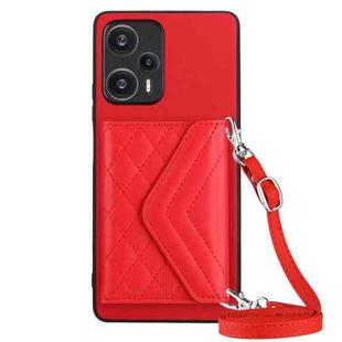 For Xiaomi Redmi Note 12 Turbo Rhombic Texture Card Bag RFID Phone Case with Long Lanyard(Red)