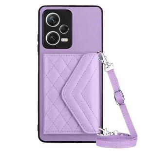 For Xiaomi Redmi Note 12 5G Rhombic Texture Card Bag RFID Phone Case with Long Lanyard(Light Purple)