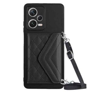 For Xiaomi Redmi Note 12 5G Rhombic Texture Card Bag RFID Phone Case with Long Lanyard(Black)
