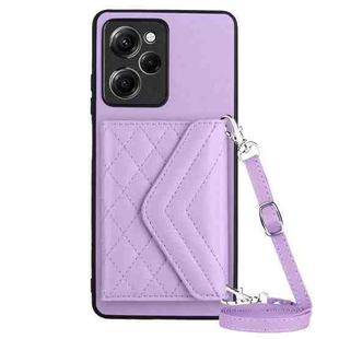 For Xiaomi Redmi Note 12 Pro Speed Rhombic Texture Card Bag RFID Phone Case with Long Lanyard(Light Purple)