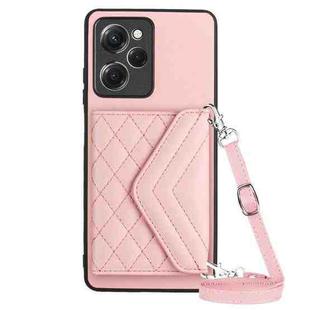 For Xiaomi Redmi Note 12 Pro Speed Rhombic Texture Card Bag RFID Phone Case with Long Lanyard(Rose Gold)