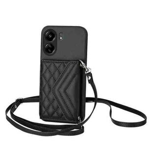 For Redmi 13C 4G Global Rhombic Texture Card Bag RFID Phone Case with Long Lanyard(Black)