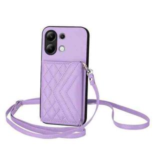 For Redmi Note 13 4G Global Rhombic Texture Card Bag RFID Phone Case with Long Lanyard(Light Purple)