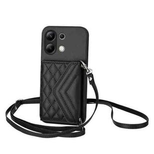 For Redmi Note 13 4G Global Rhombic Texture Card Bag RFID Phone Case with Long Lanyard(Black)