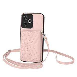 For Redmi Turbo 3 Rhombic Texture Card Bag RFID Phone Case with Long Lanyard(Rose Gold)