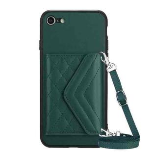 For iPhone SE 2022 / SE 2020 Rhombic Texture Card Bag RFID Phone Case with Long Lanyard(Green)