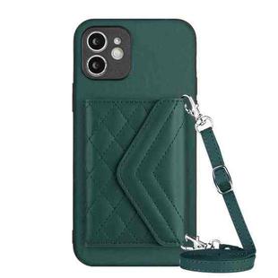 For iPhone 11 Rhombic Texture Card Bag RFID Phone Case with Long Lanyard(Green)