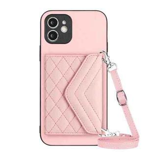 For iPhone 11 Rhombic Texture Card Bag RFID Phone Case with Long Lanyard(Rose Gold)