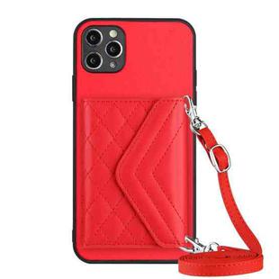 For iPhone 11 Pro Rhombic Texture Card Bag RFID Phone Case with Long Lanyard(Red)