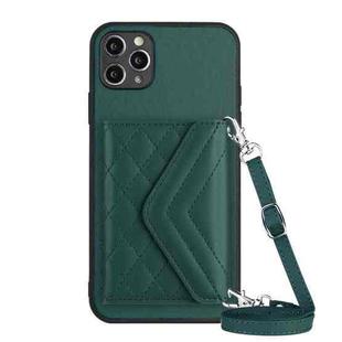 For iPhone 11 Pro Max Rhombic Texture Card Bag RFID Phone Case with Long Lanyard(Green)