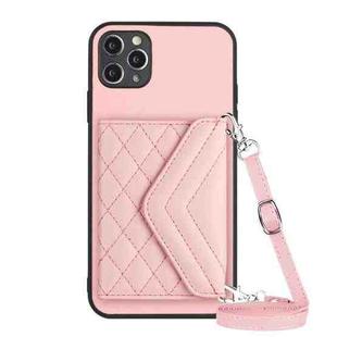 For iPhone 11 Pro Max Rhombic Texture Card Bag RFID Phone Case with Long Lanyard(Rose Gold)