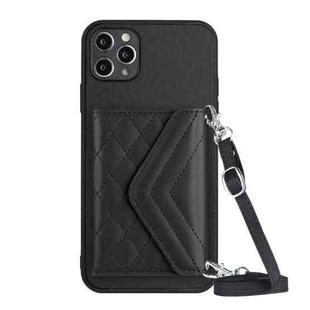 For iPhone 11 Pro Max Rhombic Texture Card Bag RFID Phone Case with Long Lanyard(Black)