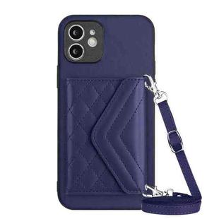 For iPhone 12 Rhombic Texture Card Bag RFID Phone Case with Long Lanyard(Dark Purple)