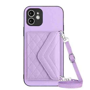 For iPhone 12 mini Rhombic Texture Card Bag RFID Phone Case with Long Lanyard(Light Purple)