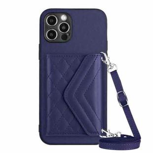 For iPhone 12 Pro Rhombic Texture Card Bag RFID Phone Case with Long Lanyard(Dark Purple)