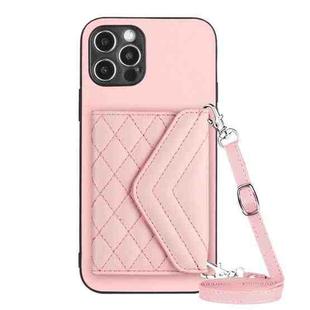 For iPhone 12 Pro Rhombic Texture Card Bag RFID Phone Case with Long Lanyard(Rose Gold)