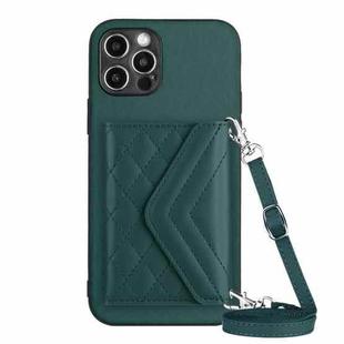 For iPhone 12 Pro Max Rhombic Texture Card Bag RFID Phone Case with Long Lanyard(Green)