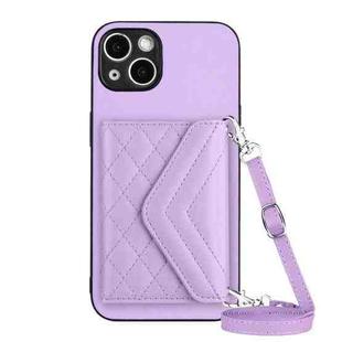 For iPhone 13 Rhombic Texture Card Bag RFID Phone Case with Long Lanyard(Light Purple)
