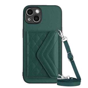 For iPhone 14 Rhombic Texture Card Bag RFID Phone Case with Long Lanyard(Green)