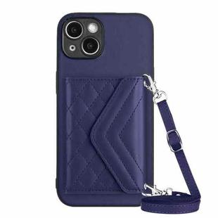 For iPhone 14 Plus Rhombic Texture Card Bag RFID Phone Case with Long Lanyard(Blue)