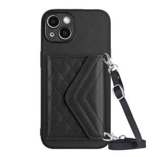 For iPhone 14 Plus Rhombic Texture Card Bag RFID Phone Case with Long Lanyard(Black)