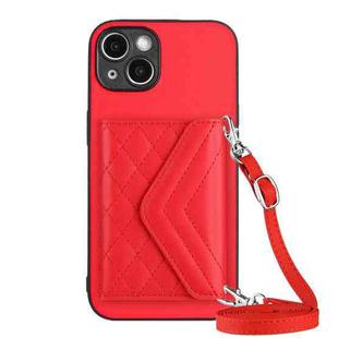 For iPhone 14 Plus Rhombic Texture Card Bag RFID Phone Case with Long Lanyard(Red)