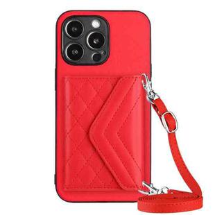 For iPhone 14 Pro Rhombic Texture Card Bag RFID Phone Case with Long Lanyard(Red)