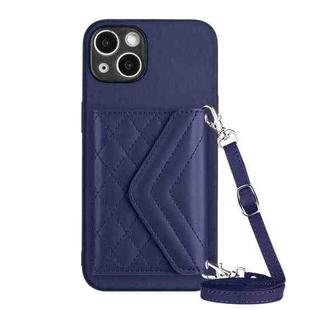 For iPhone 15 Rhombic Texture Card Bag RFID Phone Case with Long Lanyard(Blue)