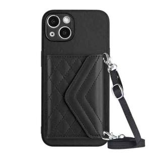 For iPhone 15 Rhombic Texture Card Bag RFID Phone Case with Long Lanyard(Black)