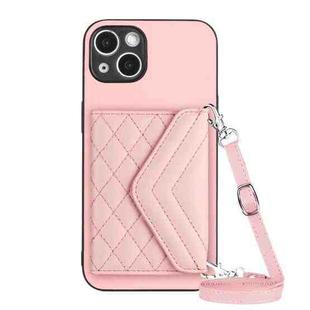 For iPhone 15 Plus Rhombic Texture Card Bag RFID Phone Case with Long Lanyard(Rose Gold)