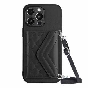 For iPhone 15 Pro Rhombic Texture Card Bag RFID Phone Case with Long Lanyard(Black)