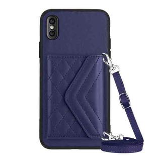 For iPhone XS Max Rhombic Texture Card Bag RFID Phone Case with Long Lanyard(Dark Purple)
