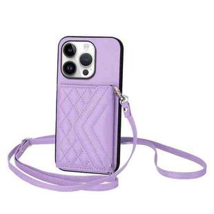 For iPhone 16 Pro Rhombic Texture Card Bag RFID Phone Case with Long Lanyard(Light Purple)