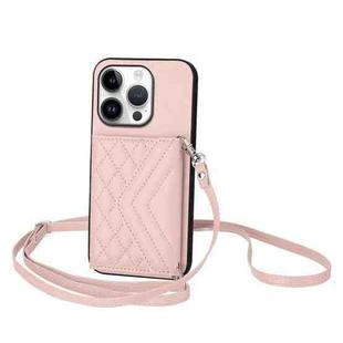 For iPhone 16 Pro Rhombic Texture Card Bag RFID Phone Case with Long Lanyard(Rose Gold)