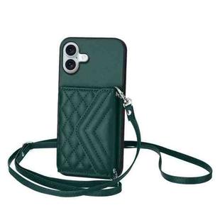 For iPhone 16 Plus Rhombic Texture Card Bag RFID Phone Case with Long Lanyard(Green)