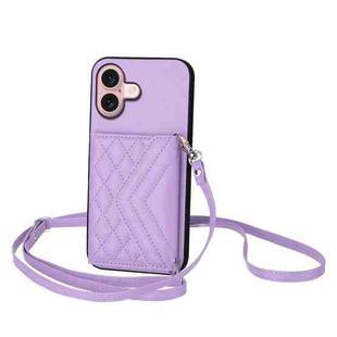 For iPhone 16 Rhombic Texture Card Bag RFID Phone Case with Long Lanyard(Light Purple)