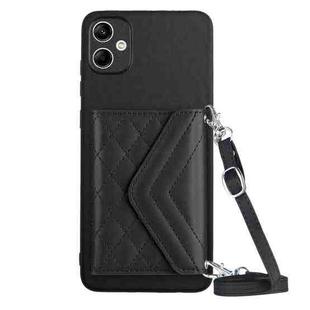 For Samsung Galaxy A04e 4G / M04 4G Rhombic Texture Card Bag RFID Phone Case with Long Lanyard(Black)