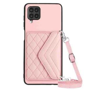 For Samsung Galaxy A12 Rhombic Texture Card Bag RFID Phone Case with Long Lanyard(Rose Gold)