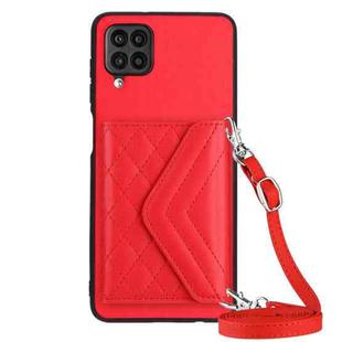 For Samsung Galaxy A12 Rhombic Texture Card Bag RFID Phone Case with Long Lanyard(Red)