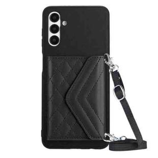 For Samsung Galaxy A13 5G / A04s Rhombic Texture Card Bag RFID Phone Case with Long Lanyard(Black)