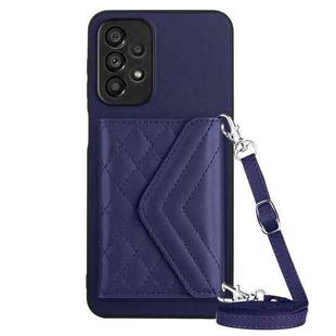 For Samsung Galaxy A52 Rhombic Texture Card Bag RFID Phone Case with Long Lanyard(Dark Purple)